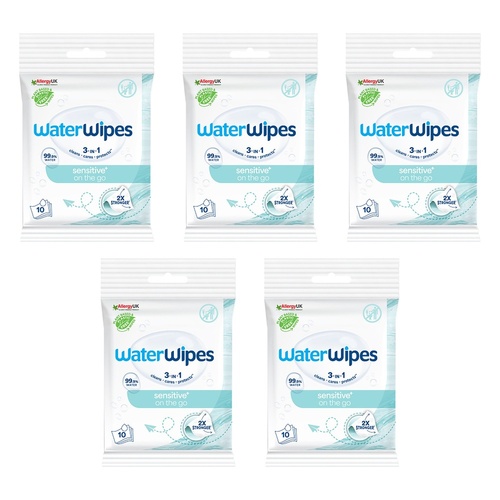 WaterWipes On The Go Sensitive Wipes 10 Pack x 10 Bundle of 5