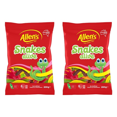 Allen's Snakes Alive Lollies Bag 200g x 12 Bundle of 2