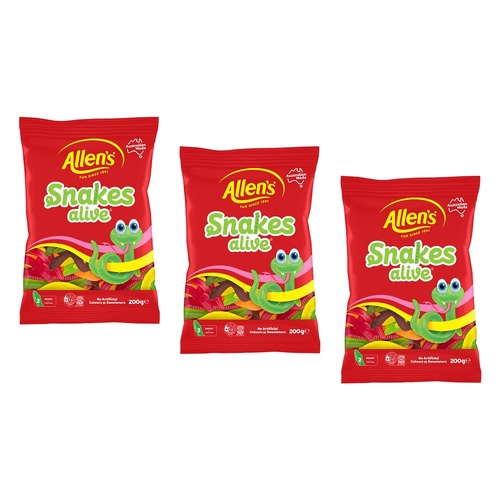 Allen's Snakes Alive Lollies Bag 200g x 12 Bundle of 3