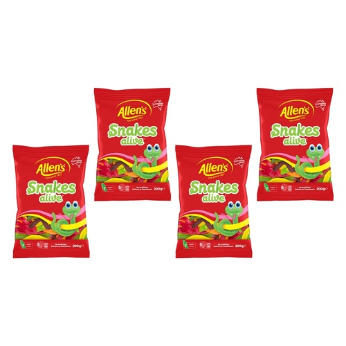Allen's Snakes Alive Lollies Bag 200g x 12 Bundle of 4