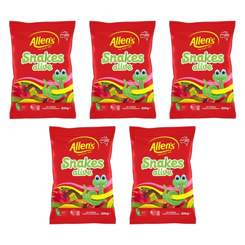 Allen's Snakes Alive Lollies Bag 200g x 12 Bundle of 5