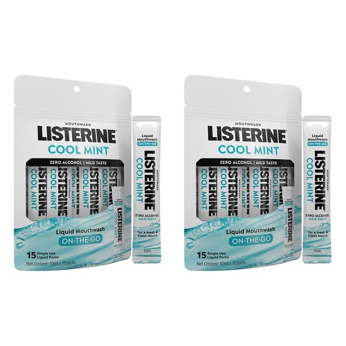 Listerine Liquid Mouthwash On-The-Go Cool Mint 10mL x 15 Sachets Pack of 2