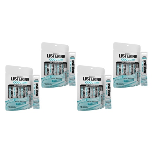 Listerine Liquid Mouthwash On-The-Go Cool Mint 10mL x 15 Sachets Pack of 4