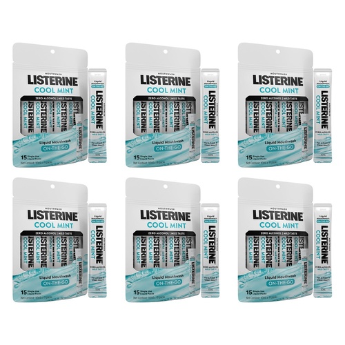 Listerine Liquid Mouthwash On-The-Go Cool Mint 10mL x 15 Sachets Pack of 6