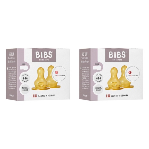 Bibs Bottle Nipple Round Latex Fast Flow 4+ Months 2 Pack Bundle of 2