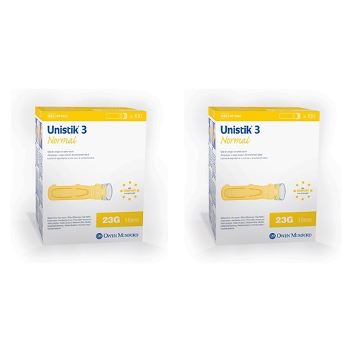 Unistik 3 Normal Lancets 23G 100 Pack Bundle of 2