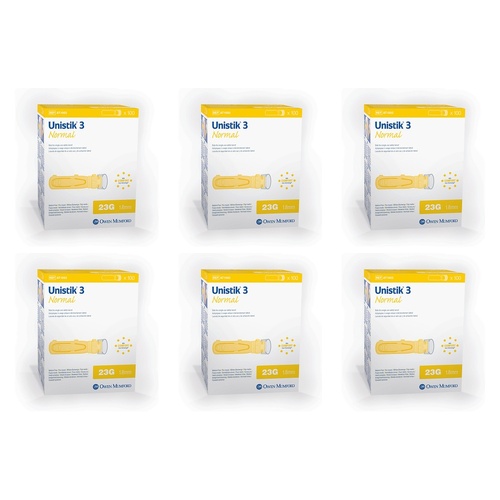 Unistik 3 Normal Lancets 23G 100 Pack Bundle of 6