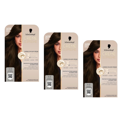Schwarzkopf Creme Supreme 4-0 Natural Dark Brown Hair Dye 245mL Pack of 3