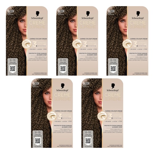 Schwarzkopf Creme Supreme 6-16 Cool Ash Light Brown Hair Dye 245mL Pack of 5