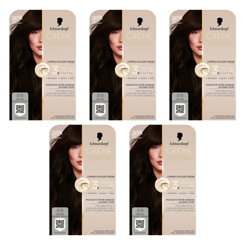 Schwarzkopf Creme Supreme 3-0 Natural Darkest Brown Hair Dye 245mL Pack of 5