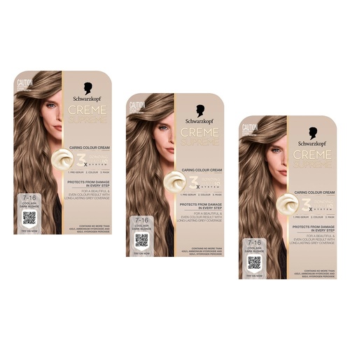 Schwarzkopf Creme Supreme 7-16 Cool Ash Dark Blonde Hair Dye 245mL Pack of 3