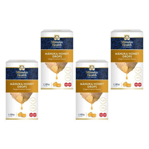 Manuka Health MGO 400+ Manuka Honey Drops Ginger & Lemon 65g Pack of 4