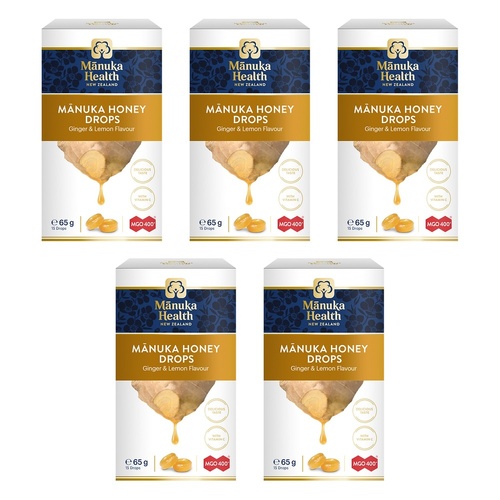 Manuka Health MGO 400+ Manuka Honey Drops Ginger & Lemon 65g Pack of 5