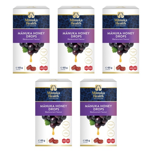 Manuka Health MGO 400+ Manuka Honey Drops Blackcurrant 65g Pack of 5