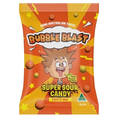 Bubble Blast Super Sour Fruity Mix Candy 70g Australian Made Tangy Lollies