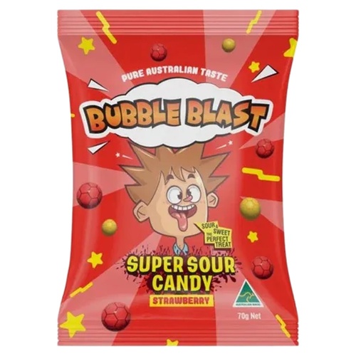 Bubble Blast Super Sour Strawberry Candy 70g Australian Made Tangy Lollies