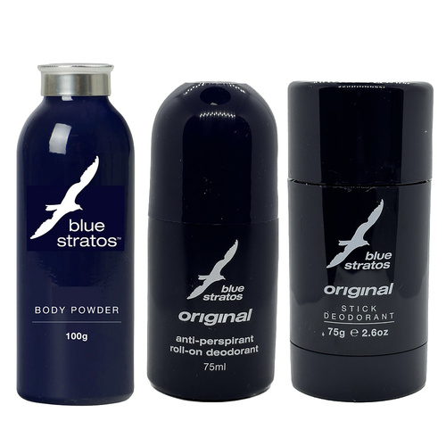 Blue Stratos Body Powder Roll On & Deodorant Stick Mens Set