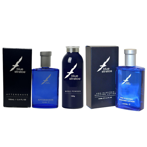 Blue Stratos Pre Electric Aftershave Aftershave Lotion & Body Powder Mens Set