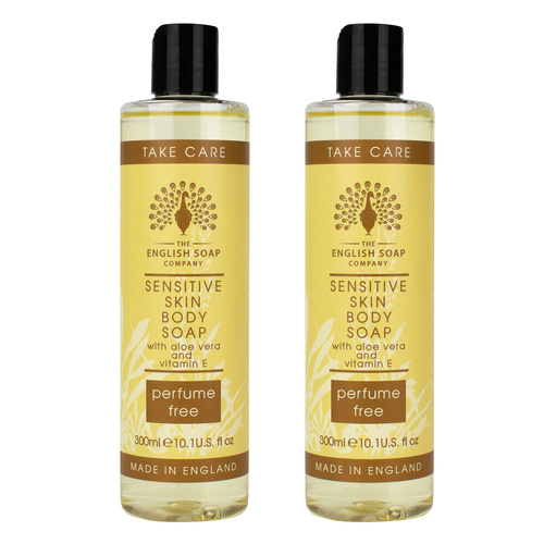 Sensitive Skin Body Wash 2 x 300ml Aloe Vera Vitamin E Fragrance Free UK Made