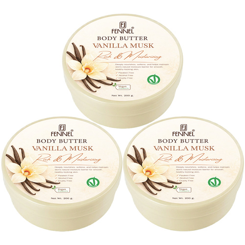 Fennel Vanilla Musk Body Butter 200g Vegan Moisturising Skin Cream Bundle Of 3