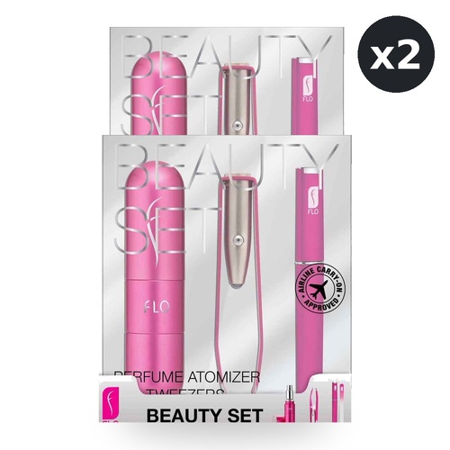 Flo Beauty Set 3 Piece Set Refillable Atomizer LED Tweezers Crystal Nail File Pack of 2