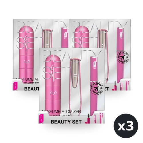 Flo Beauty Set 3 Piece Set Refillable Atomizer LED Tweezers Crystal Nail File Pack of 3