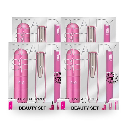 Flo Beauty Set 3 Piece Set Refillable Atomizer LED Tweezers Crystal Nail File Pack of 4