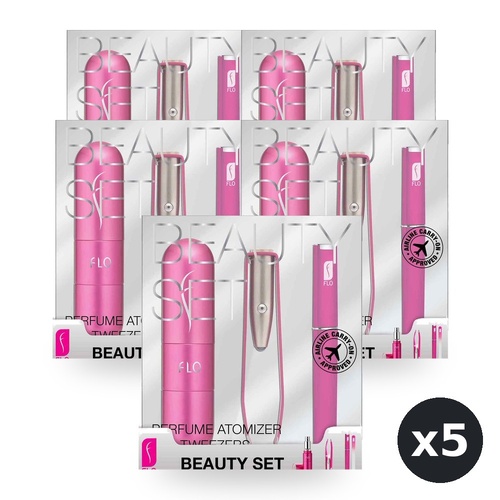 Flo Beauty Set 3 Piece Set Refillable Atomizer LED Tweezers Crystal Nail File Pack of 5