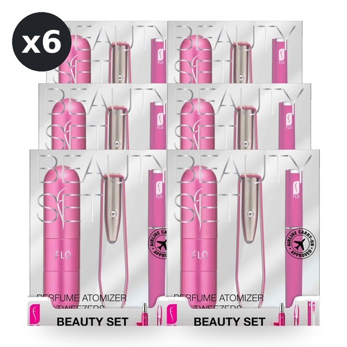 Flo Beauty Set 3 Piece Set Refillable Atomizer LED Tweezers Crystal Nail File Pack of 6
