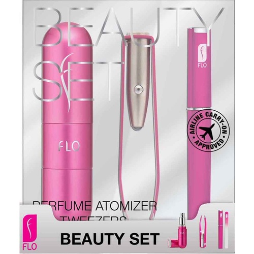 Flo Beauty Set 3 Piece Set Refillable Atomizer LED Tweezers Crystal Nail File