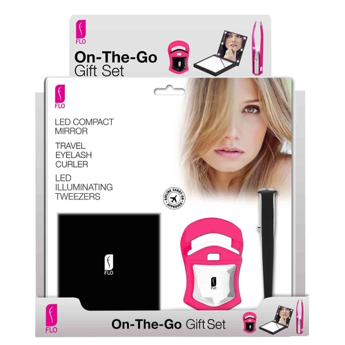Flo on the Go Set 3 Piece 15 per Counter Shelf Display Unit LED Tweezers LED Compact Mirror Mini Eye