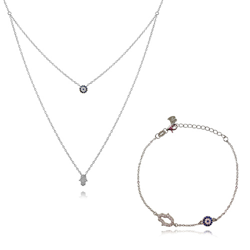 Culturesse Alara Necklace & Azra Bracelet Luck Evil Eye Gift Set (Silver)