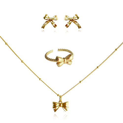 Culturesse Tilda Bow Earrings & Pendant Necklace & Ring Gift Set (Gold)