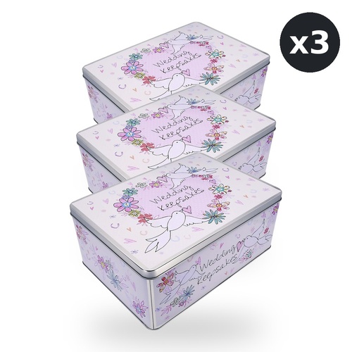 Dove Patterned Wedding Keepsakes Rectangle Tin 305mm x 215mm x 130mm Pack of 3