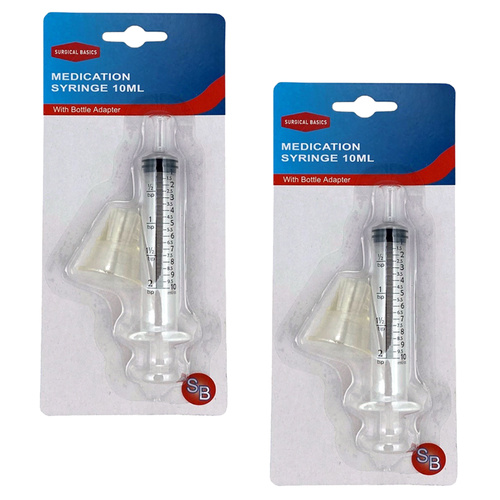 Surgical Basics 10ml Oral Medication Syringe with Bottle Adaptor Twin Pack