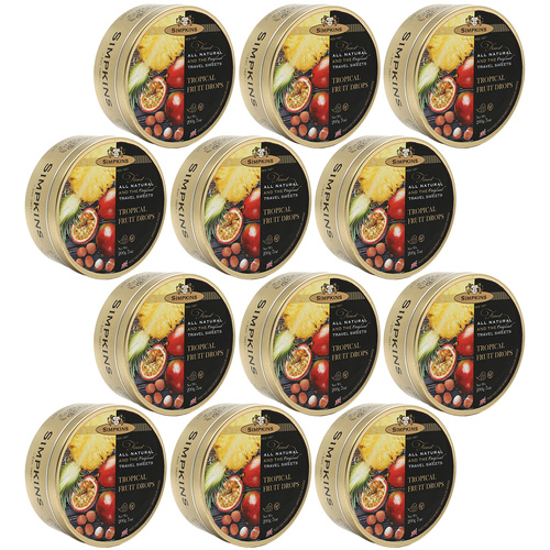 Simpkins Tropical Fruit Drops 12 x 200g Tins British Glucose Travel Sweets