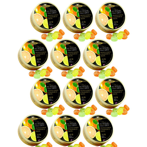 Simpkins Orange Lemon & Grapefruit Drops 12 x 200g Tins Citrus Travel Sweets UK
