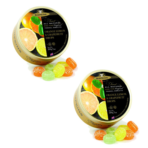 Simpkins Orange Lemon Grapefruit Drops 200g Tin Sweets x 2