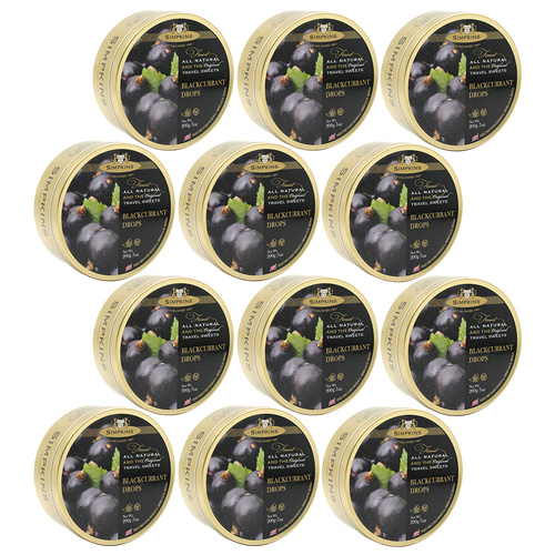 Simpkins Black Currant Drops 12 x 200g Tins Traditional British Travel Sweets