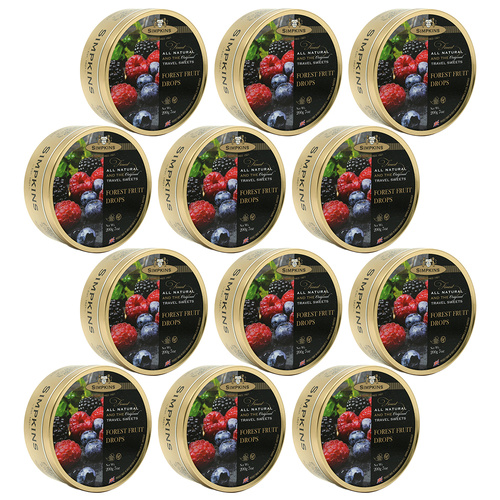 Simpkins Forest Fruit Drops 12 x 200g Tins Traditional British Berry Travel Sweets