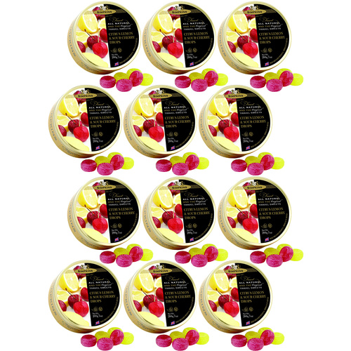 Simpkins Lemon Sour Cherry Drops 12 x 200g Tins Traditional British Travel Sweets