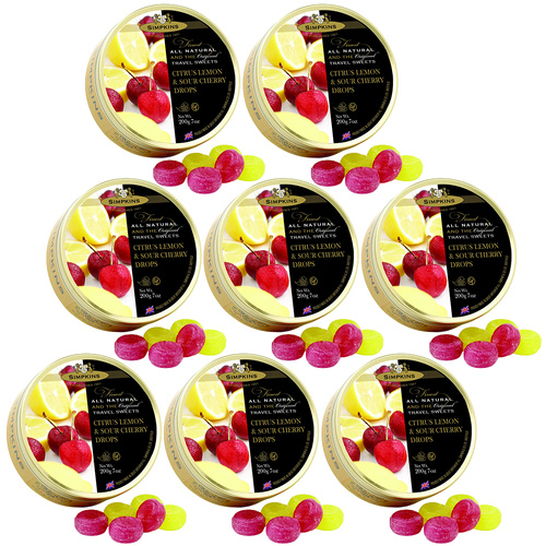 Simpkins Lemon Sour Cherry Drops 8 x 200g Tins Traditional British Travel Sweets