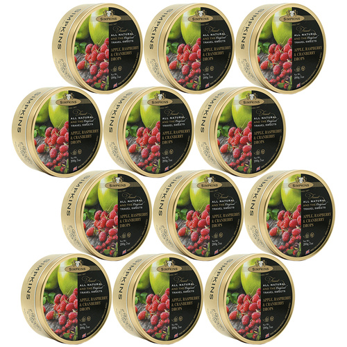 Simpkins Apple Raspberry Cranberry Drops 12 x 200g Tins Traditional Fruit Sweets