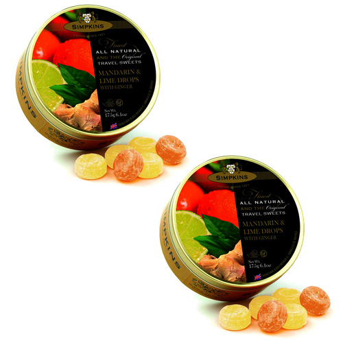 Simpkins Mandarin Lime Ginger Drops 200g Tin Pack of 2 Travel Sweets
