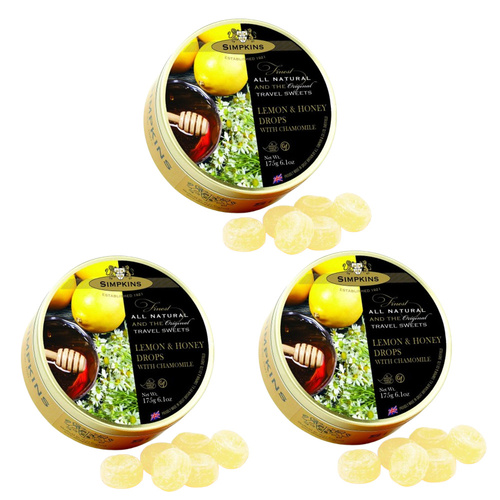 Simpkins 3 x Lemon and Honey with Chamomile Drops 200g Tin Sweets Candy Lollies