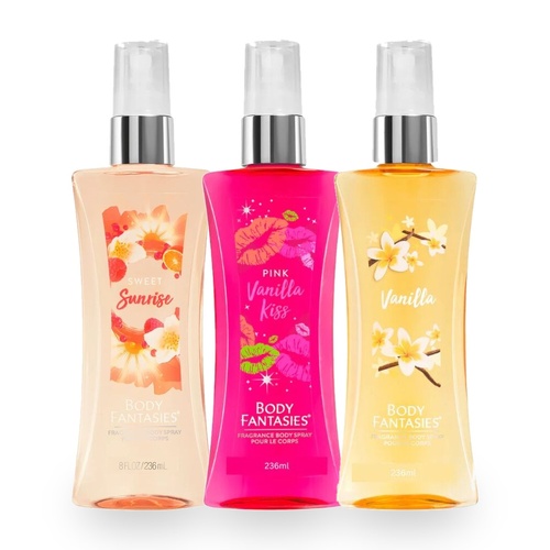 Body Fantasies 236ml Body Spray Trio – Sweet Sunrise, Pink Vanilla Kiss, Vanilla