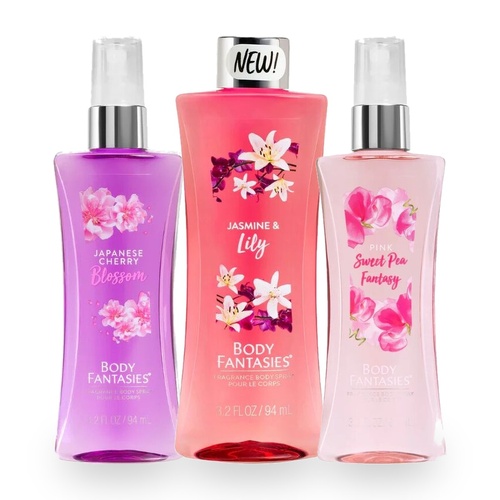 Body Fantasies Body Spray 94ml Trio – Cherry Blossom, Jasmine & Lily, Sweet Pea