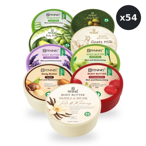 Fennel Body Butter Bulk Lot 54 x 200g – 6 of Each of 9 Scents, Resale Job Lot