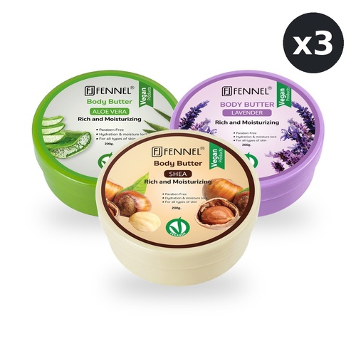 Fennel Body Butter Gift Bundle 3 x 200g – Aloe Vera, Lavender & Shea