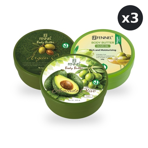 Fennel Body Butter Gift Bundle 3 x 200g – Argan Oil, Olive Oil & Avocado Olive